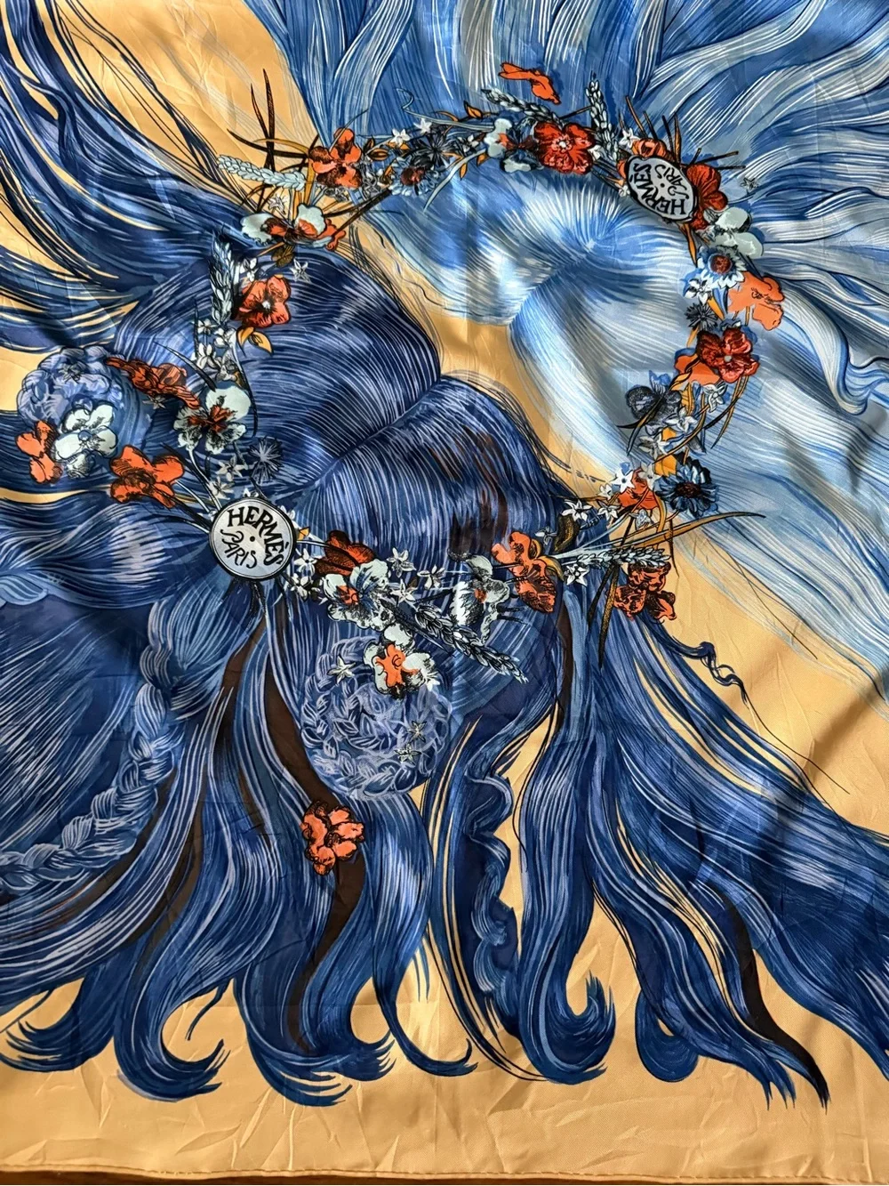 Hermès Eva Blue Floral Goddess Silk Scarf.